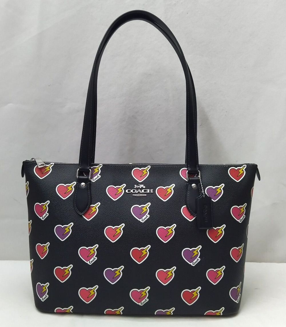 Coach Gallery Black Leather Heart Bolt Print Double Handle Tote Bag - NWT